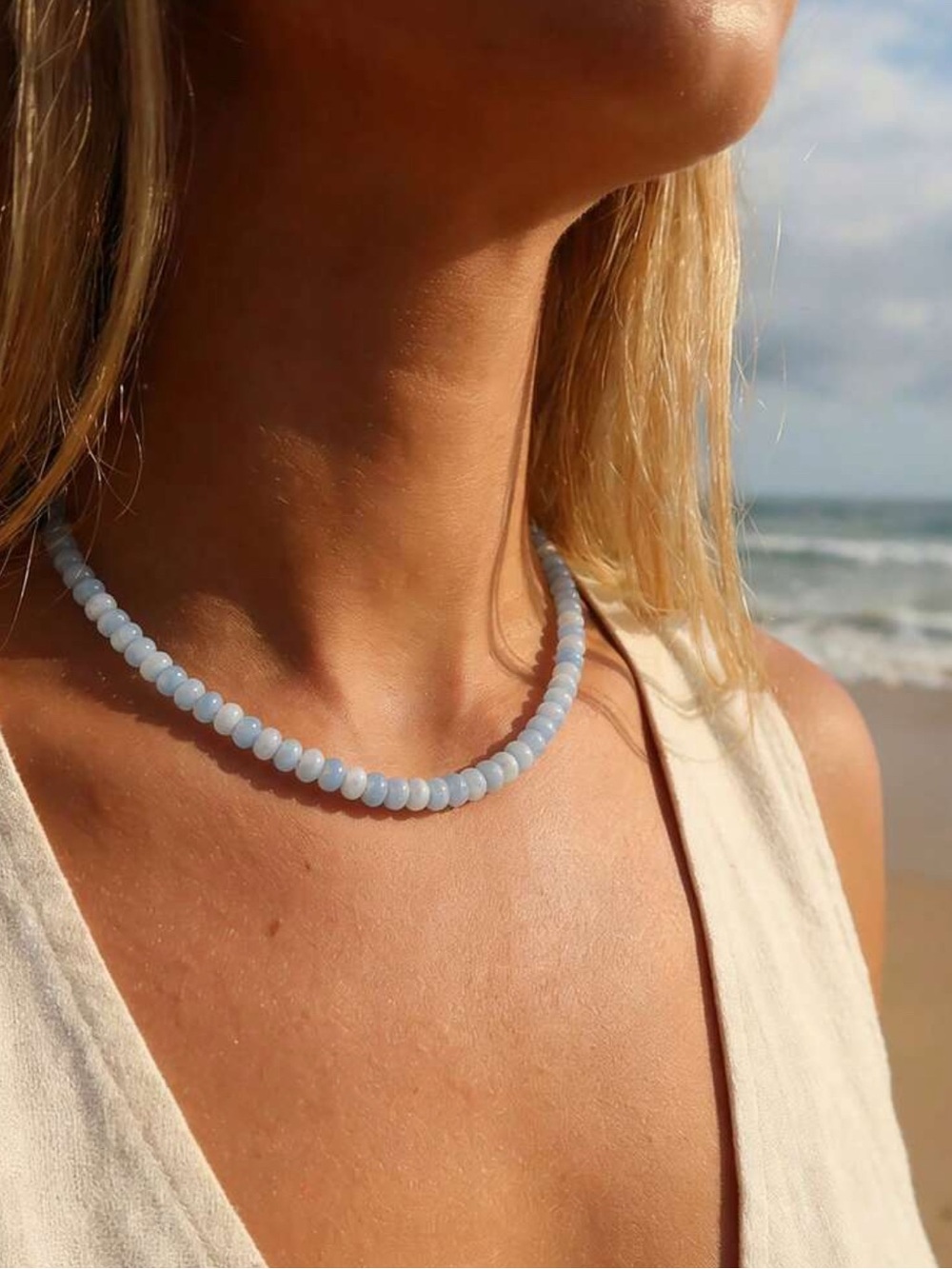 Natural Gemstone Light Blue Beaded Necklace - Picture 2 of 4